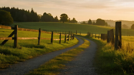 Fototapeta premium Serene Rural Dirt Road Curving Through Green Pastures and Fenced Fields at Sunset
