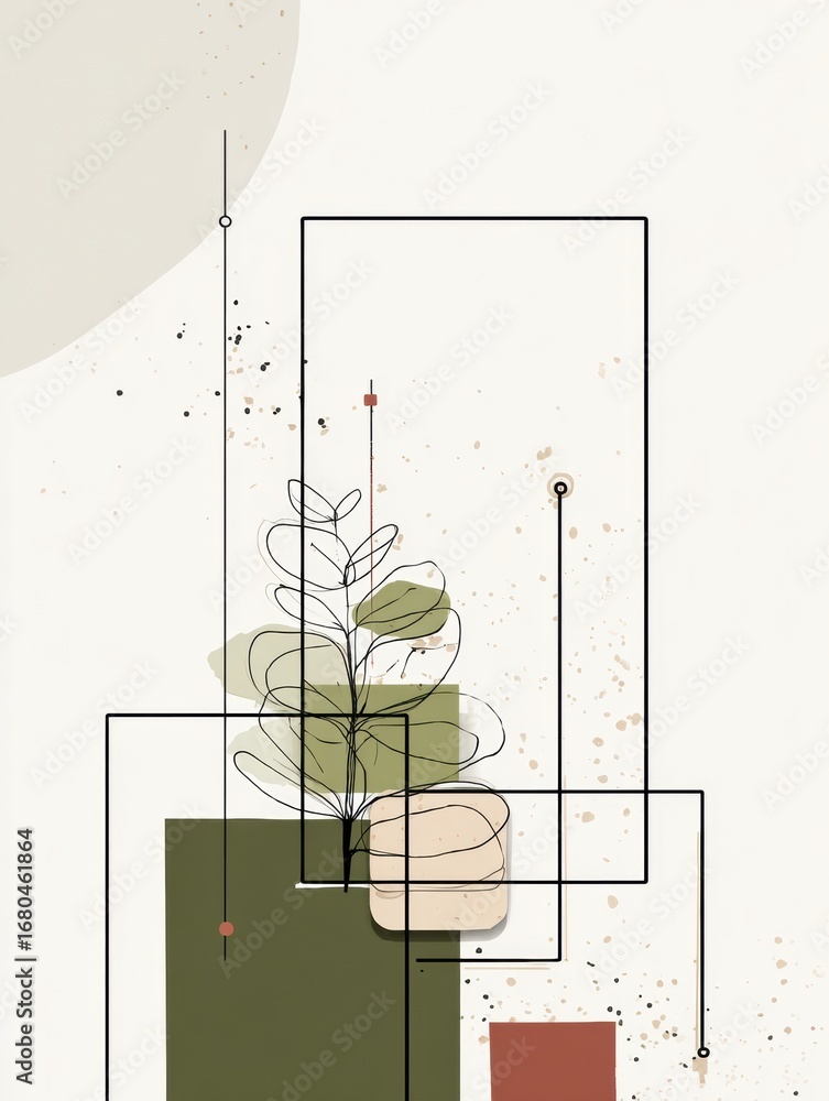 Poster modern abstract design featuring geometric shapes and greenery in neutral tones on a minimalist back