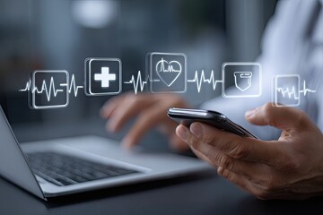 Close-up of a person using a laptop and smartphone, with medical icons overlaid