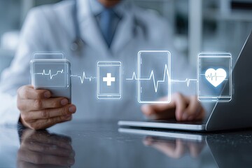 Doctor using mobile devices with medical icons superimposed