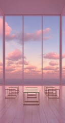 Fototapeta premium Pink room with glass coffee tables, sunset view