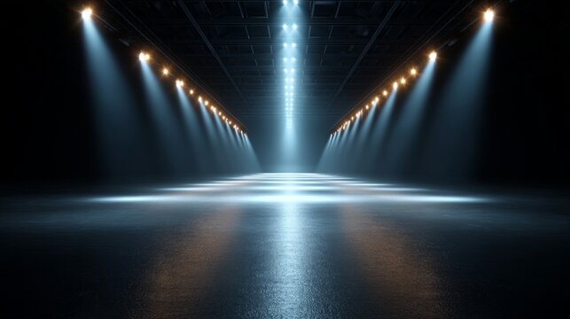 Illuminated Path: A striking, architectural perspective showcasing a futuristic corridor or industrial interior, dramatically lit with converging spotlights to draw the eye forward.