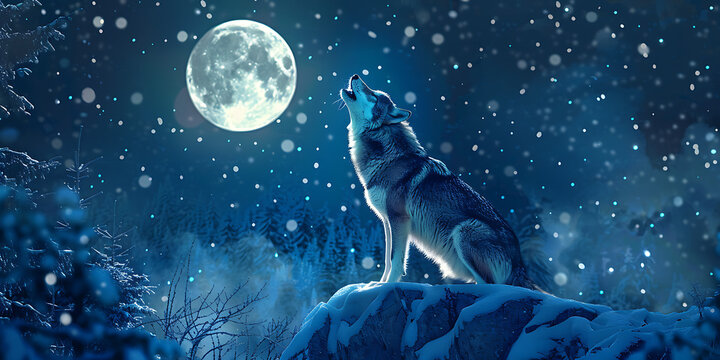 Lone wolf howling at bright full moon in falling snow, cool blue serene mystical winter night scene