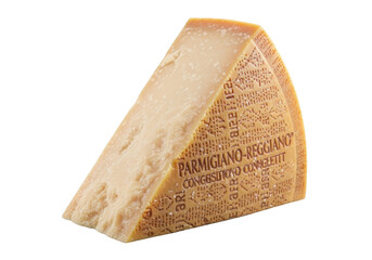 Authentic rugged Parmigiano-Reggiano cheese wedge, crystalline texture, salt crystals, natural break, branded rind, transparent background, no shadows, concept for high-quality food product