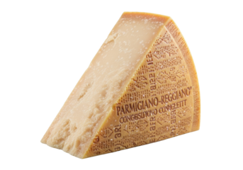 Authentic rugged Parmigiano-Reggiano cheese wedge, crystalline texture, salt crystals, natural break, branded rind, transparent background, no shadows, concept for high-quality food product