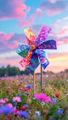 A vibrant multicolored pinwheel stands in a field of wildflowers, bathed in the soft light of a pastel sunrise.