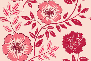 Floral arrangement featuring bold, red and pink flowers with leaves on beige background