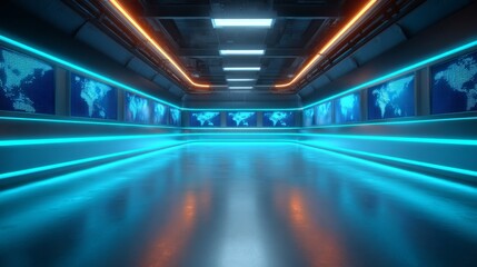 Futuristic Tech Room: Captivating interior rendering of a high-tech room, filled with digital screens showcasing world maps and illuminated with sleek neon lights, creating a modern.