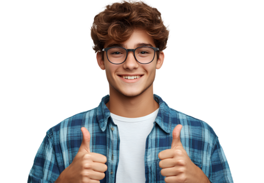  a young man, a student wearing glasses, is smiling and giving a thumbs-up gesture against a transparent background - Powered by Adobe