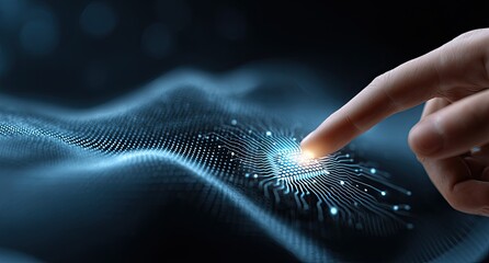 A hand's fingertip touches a glowing circuit board on a digital wave-like surface