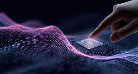 A hand's finger touches a microprocessor chip, surrounded by abstract data visualizations