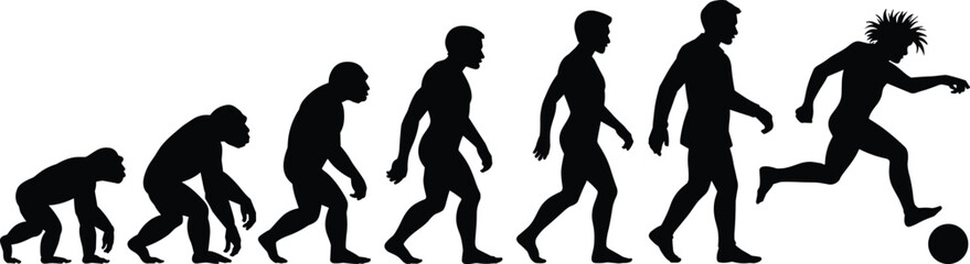 Human evolution silhouette showing progression from ape to modern soccer player kicking ball, symbolizing growth and sports development.