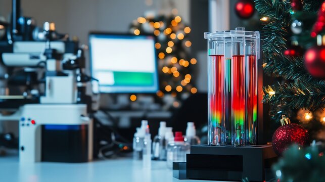 High tech chromatograph a laboratory setting with colorful fluid lines being separated in a glass tube surrounded by scientific equipment and holiday decorations for a Christmas themed research event