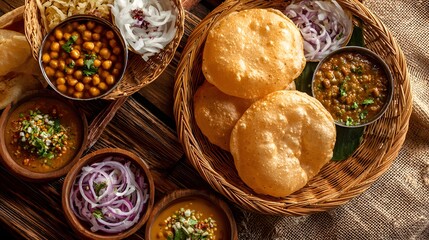 Fototapeta premium Top view chole bhature thali sets placed side by side.