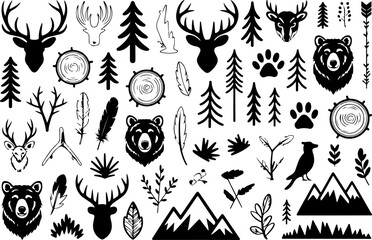 Naklejka premium Forest Wildlife Silhouette Collection Featuring Bears, Deer, Trees, and Nature Elements
