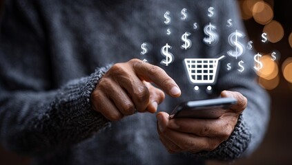 Hands holding phone, shopping cart icon, dollar signs overlay