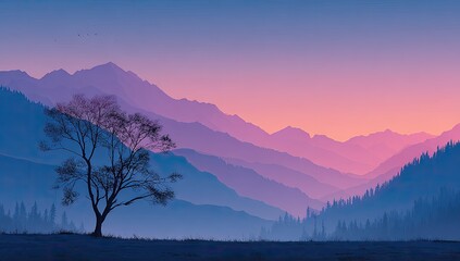 Silhouetted tree in misty mountain valley at dawn