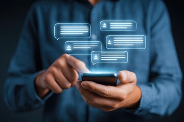Close-up of person interacting with a smartphone, displaying projected chat messages