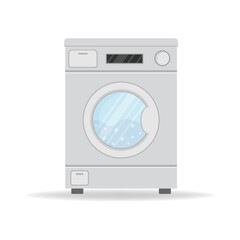 Washing machine with laundry loaded and door open. Laundry washed or dirty in a washing machine. Vector illustration of the concept of household routine.