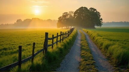 Obraz premium Sunrise Over Rural Pathway in Green Fields with Wooden Fence and Trees