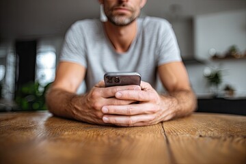 Close-up of a man seated at a wooden table, looking at his smartphone