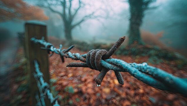 Rusty barbed wire fence in a misty forest