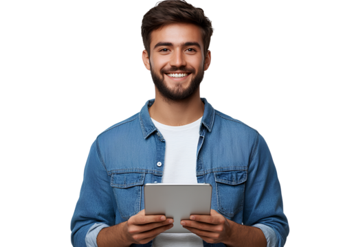  a young, smiling man in a blue shirt holding an ipad, transparent background, png file 