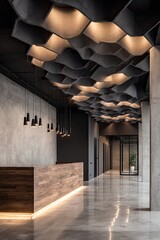 Modern lobby with sculpted ceiling