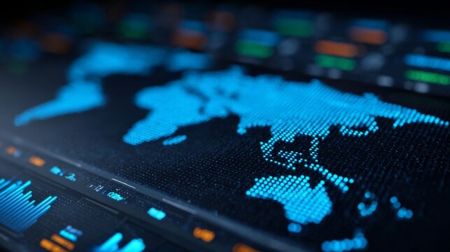 Global Data Analysis: A digital world map, elegantly rendered in luminous blue, overlaid with dynamic data visualizations and financial metrics, signifying the pulse of global markets and technology