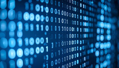 Binary code displayed on a dark blue screen with blurred circles