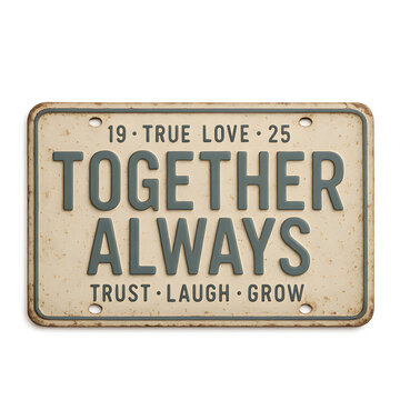 Celebrate lasting love with a vintage-inspired license plate proclaiming 'Together Always' and 'Trust, Laugh, Grow'