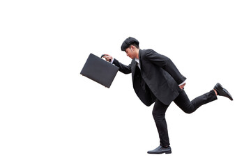 Businessman in black suit running with suitcase isolated on white background