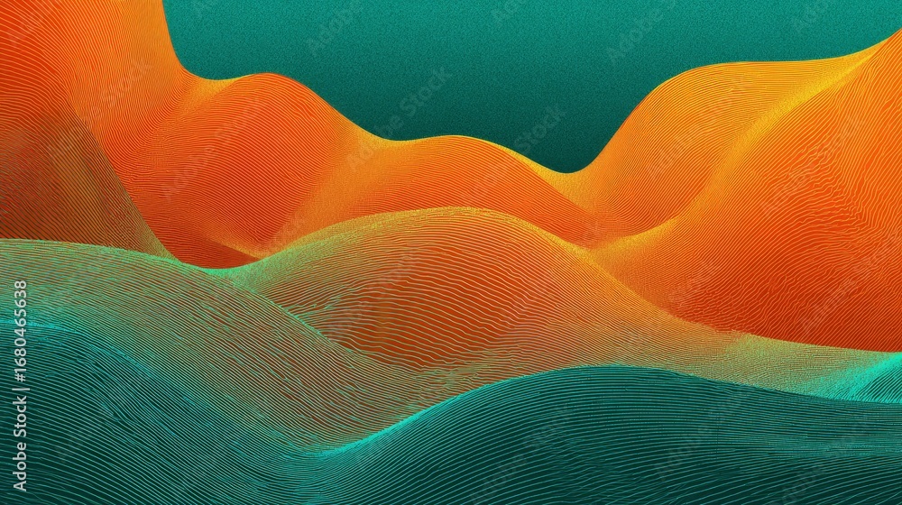 Poster abstract orange and teal gradient background with smooth wavy lines, flowing colorful design for mod