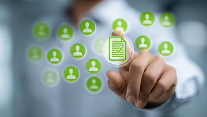 Hand touches a document icon surrounded by profile icons