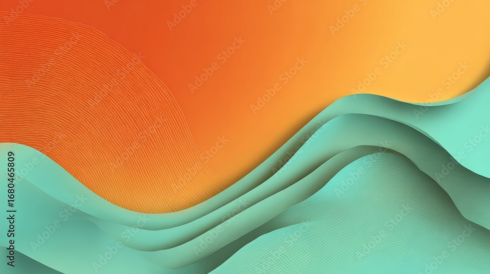 Poster abstract orange and teal gradient background with smooth wavy lines, flowing colorful design for mod
