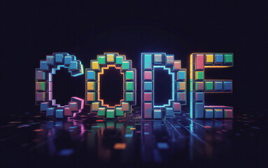 Illuminated pixelated code word crafted from colorful cubes on a dark reflective surface