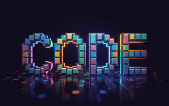 Illuminated pixelated code word crafted from colorful cubes on a dark reflective surface