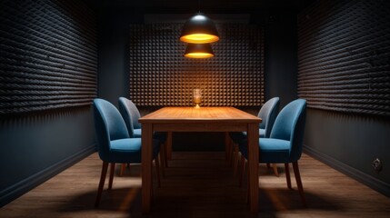 Serene Dining Room Scene: A beautifully illuminated, intimate dining setting with a wooden table, stylish blue chairs, and a captivating pendant lamp.