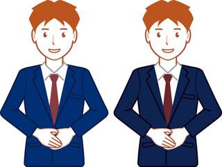 ネイビースーツ、ショートヘアの手を前で重ねる若い男性