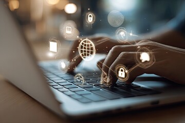 Hands typing on a laptop keyboard with digital icons overlay