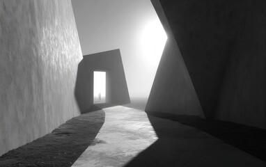 Monochrome concrete passageway with sunbeam
