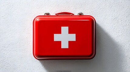 Obraz premium Red first aid kit box with white cross on wall.