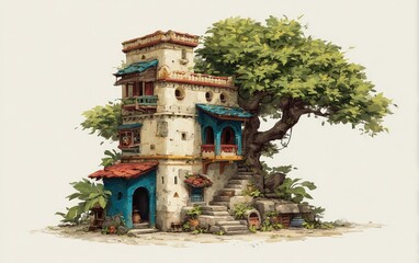 Whimsical, multi-level building with a large tree
