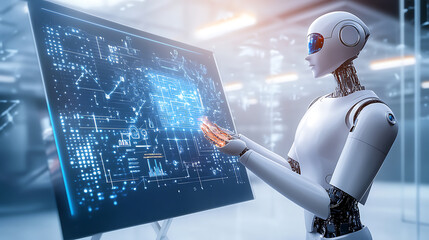 Robot interacting with a digital interface in a futuristic setting