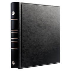 Black leather ring binder with metal accents for organizing documents and presentations in a professional office setting standing on transparent background
