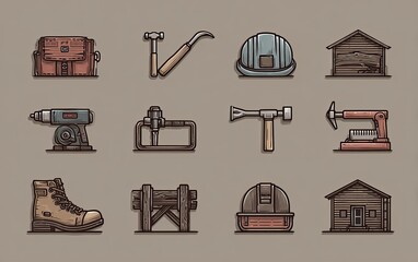 Set of 12 woodworking & construction icons