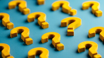 Rows of yellow question marks on blue background in abstract pattern, conceptual symbolic illustration representing curiosity, confusion, inquiry, problem solving, and creative thinking design