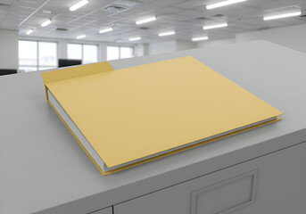 Yellow file folder resting on a gray office desk in a modern office setting. Empty folder displaying a neutral background in a professional workspace.