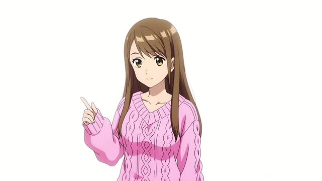 アニメ風の若い女性が左方向へゆっくり歩き、肩越しに振り返る横向きの2Dキャラクターアニメーション。白シャツ＋黒パンツのビジネスカジュアル。無地のシンプル背景で、イントロやBロール、解説動画、プレゼンのオーバーレイに最適。