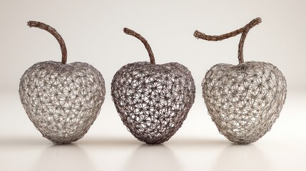 Three gray yarn apples with brown stems against a plain, off-white background